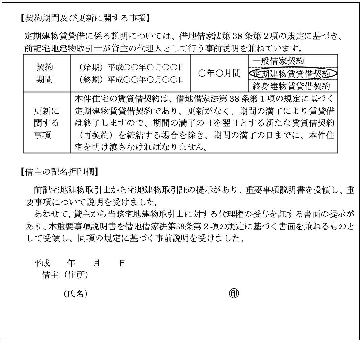 国土交通省通知（平成30年2月28日国土動第133号及び国住賃第23号）に基づく重要事項説明書における定期建物賃貸借に係る記載例